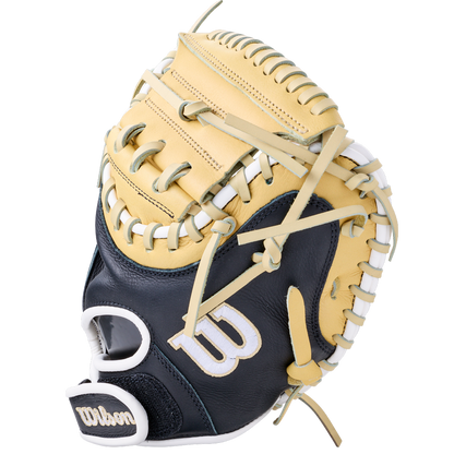 Wilson A700 32.5″ Baseball Catcher’s Mitt: WBG04701RT325 in tan and navy, featuring a closed web, white lacing, and full grain leather construction.