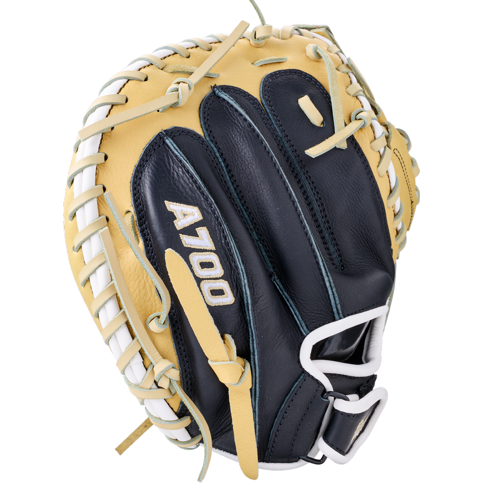 Wilson A700 32.5″ Baseball Catcher’s Mitt: WBG04701RT325 in navy blue and tan full grain leather with white lacing and A700 stitched in white on the thumb.