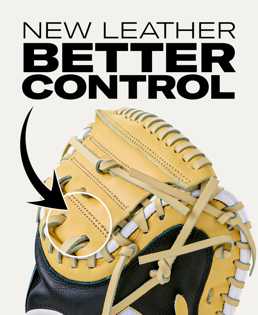Tan and black Wilson A700 32.5″ Baseball Catcher’s Mitt: WBG04701RT325 with an arrow pointing to the lacing; text above reads NEW LEATHER BETTER CONTROL.