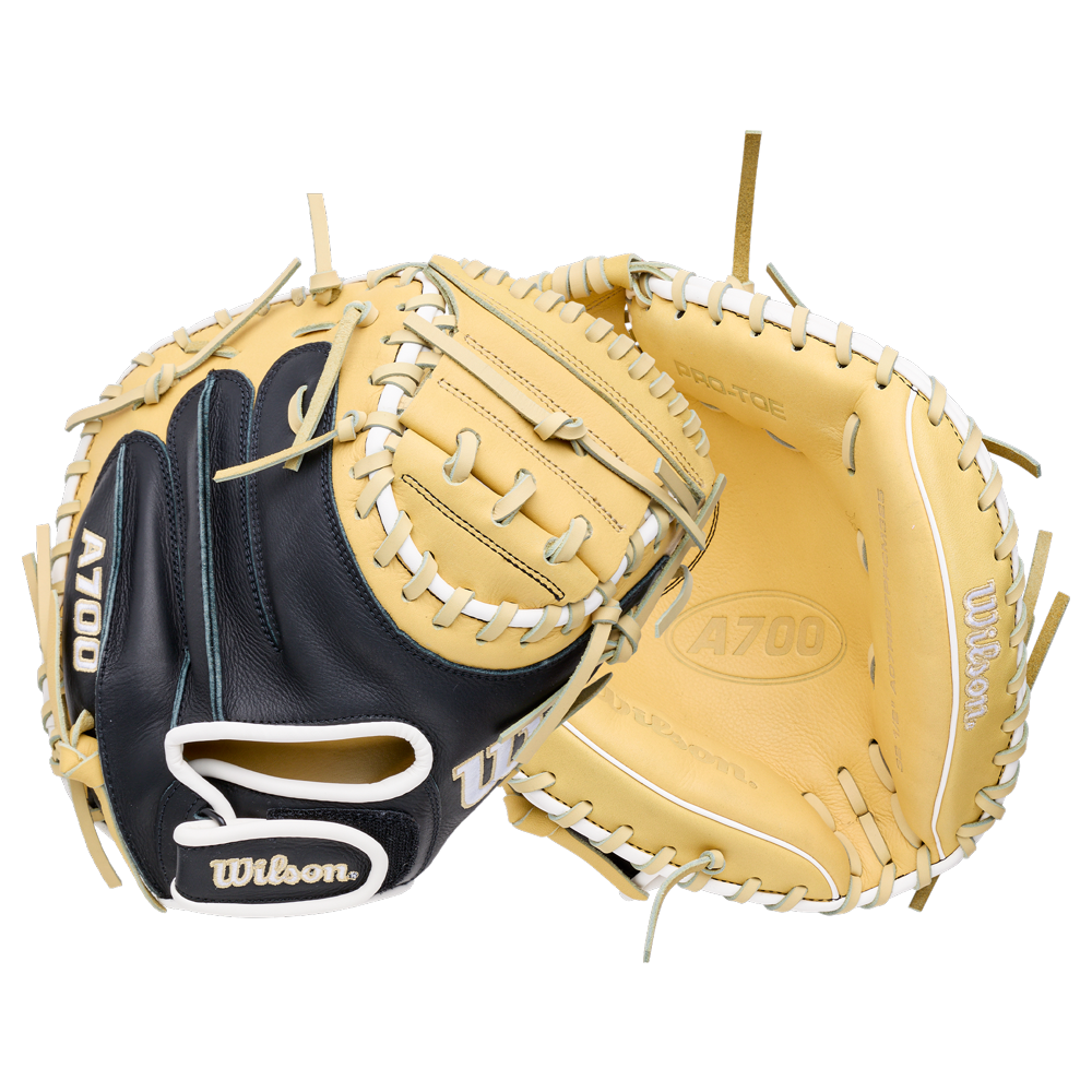 Front and back views of a navy and tan Wilson A700 32.5″ Baseball Catcher’s Mitt: WBG04701RT325, crafted from full grain leather.