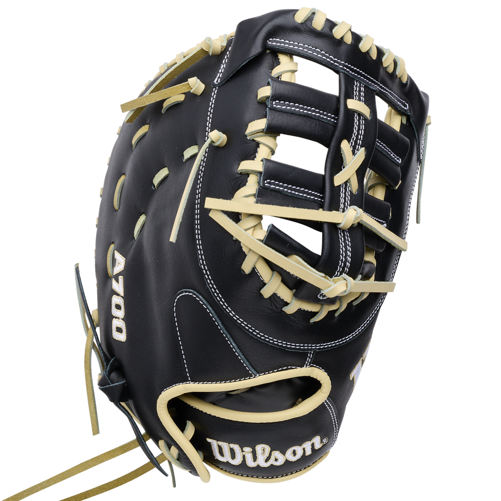 Wilson A700 12″ Baseball First Base Mitt: WBG04801RT1620 in black full grain leather with tan lacing.