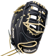 Wilson A700 12″ Baseball First Base Mitt: WBG04801RT1620 in black full grain leather with tan lacing.