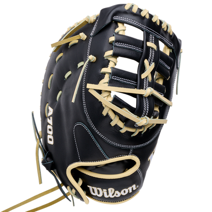 Wilson A700 12″ Baseball First Base Mitt: WBG04801RT1620 in black full grain leather with tan lacing.