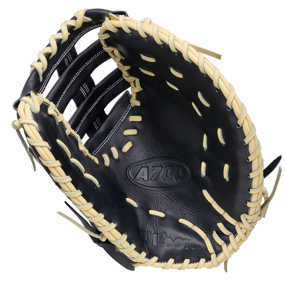 Wilson A700 12″ Baseball First Base Mitt: WBG04801RT1620, a black full grain leather youth baseball glove with light tan rawhide lacing.