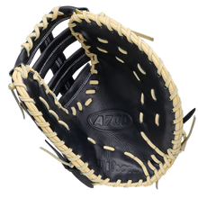 Wilson A700 12″ Baseball First Base Mitt: WBG04801RT1620, a black full grain leather youth baseball glove with light tan rawhide lacing.