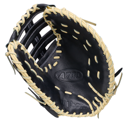 Wilson A700 12″ Baseball First Base Mitt: WBG04801RT1620, a black full grain leather youth baseball glove with light tan rawhide lacing.