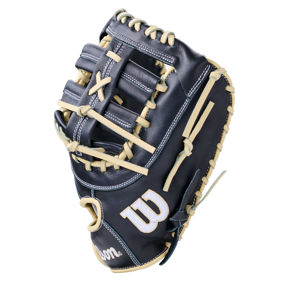 A black Wilson A700 12″ Baseball First Base Mitt: WBG04801RT1620 with tan lacing, crafted from full grain leather.