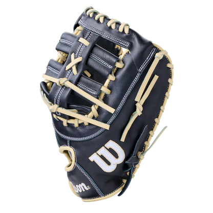 A black Wilson A700 12″ Baseball First Base Mitt: WBG04801RT1620 with tan lacing, crafted from full grain leather.