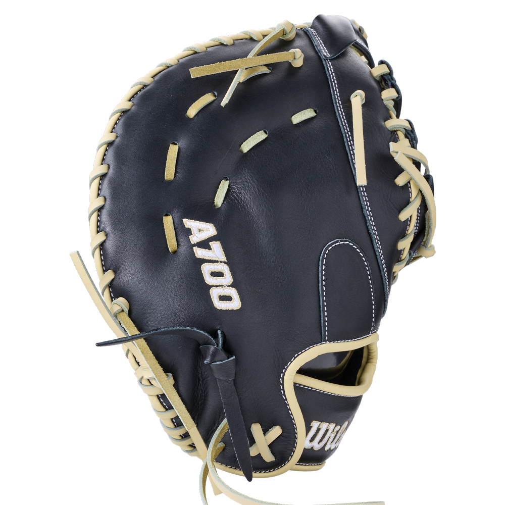 Wilson A700 12″ Baseball First Base Mitt: WBG04801RT1620 in black with cream-colored lacing and white embroidery.
