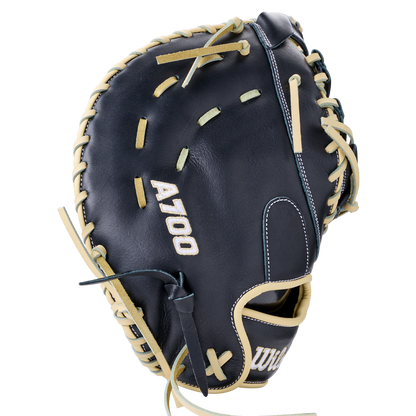 Wilson A700 12″ Baseball First Base Mitt: WBG04801RT1620 in black with cream-colored lacing and white embroidery.
