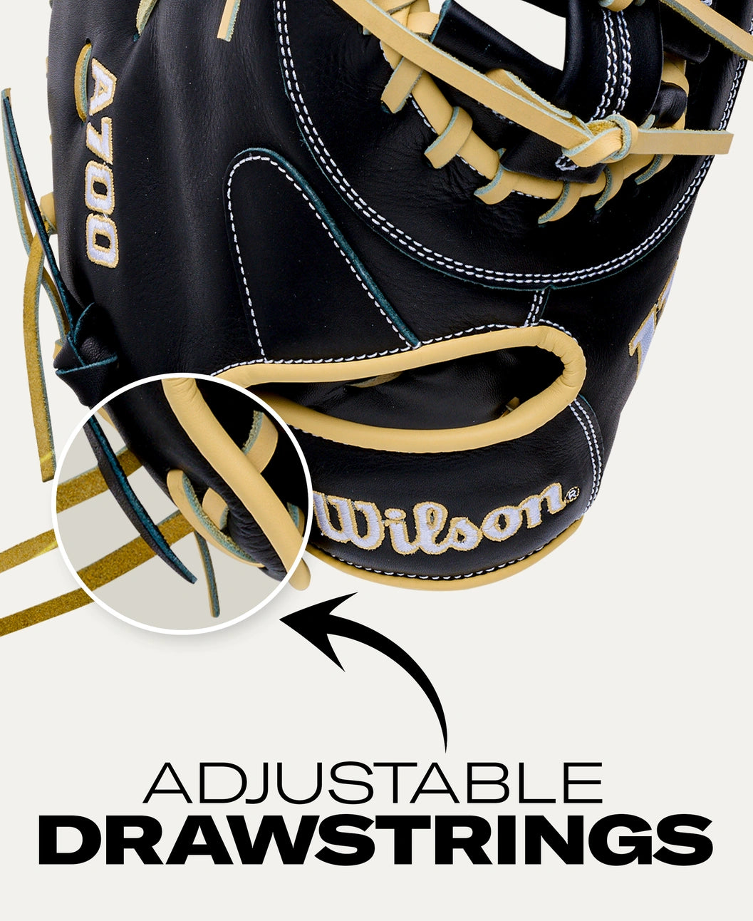 Wilson A700 12″ Baseball First Base Mitt in black leather with tan lacing, featuring a circular inset and an arrow pointing to the adjustable wrist drawstring.