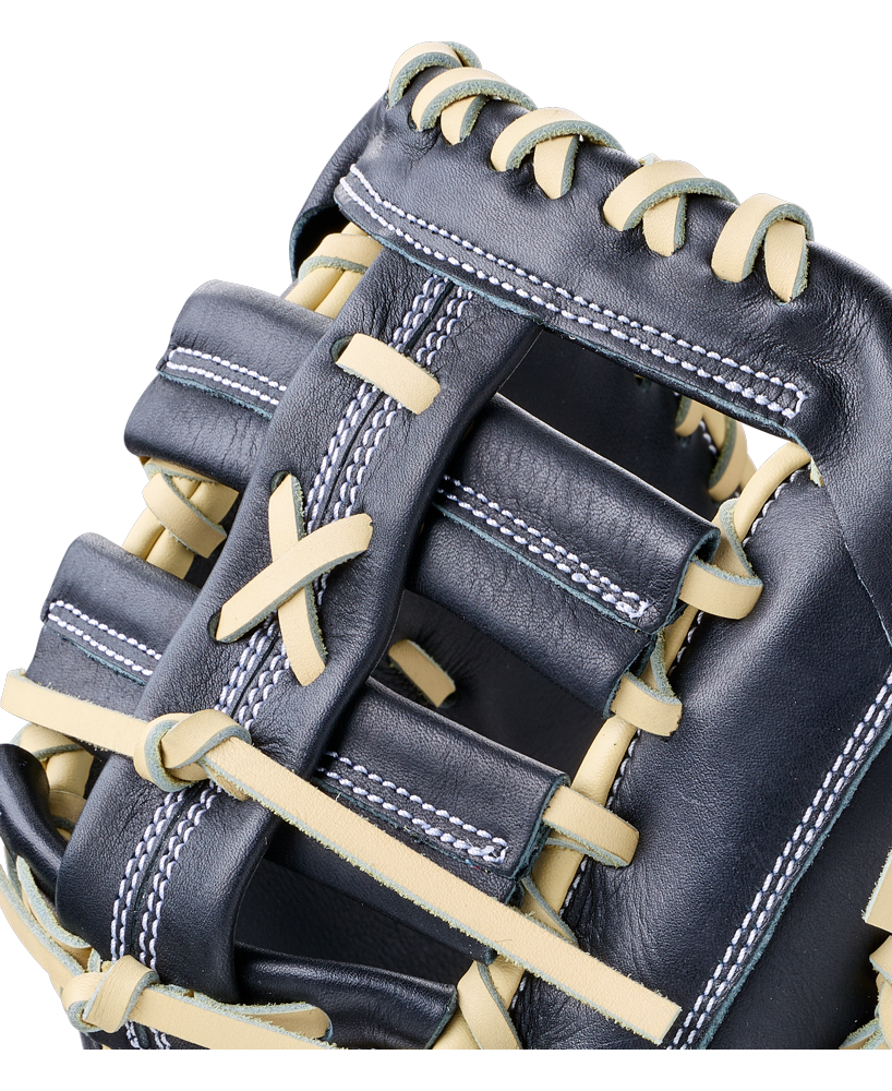 Close-up of a Wilson A700 12″ Baseball First Base Mitt: WBG04801RT1620, featuring full grain leather and light-colored lacing.