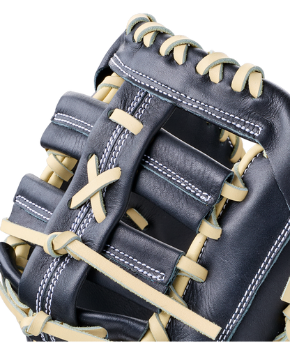 Close-up of a Wilson A700 12″ Baseball First Base Mitt: WBG04801RT1620, featuring full grain leather and light-colored lacing.