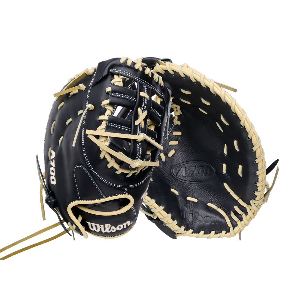 Wilson A700 12″ Baseball First Base Mitt, a black youth baseball glove with tan leather lacing.