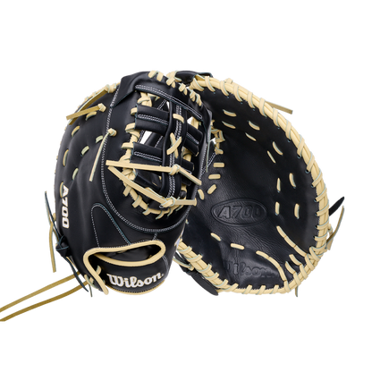 Wilson A700 12″ Baseball First Base Mitt, a black youth baseball glove with tan leather lacing.