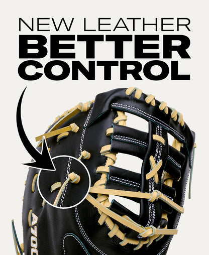A black Wilson A700 12″ Baseball First Base Mitt: WBG04801RT1620 with light-colored laces, featuring an inset circle highlighting a detail of the lacing and the text NEW LEATHER BETTER CONTROL.