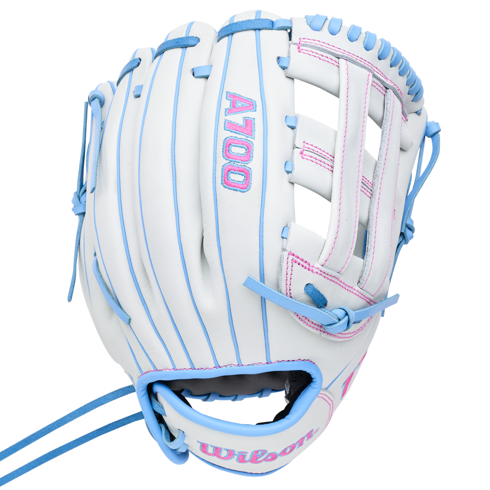 White full grain leather Wilson A700 12″ Fastpitch Glove: WBG04901RT12 featuring light blue lacing and pink detailing.