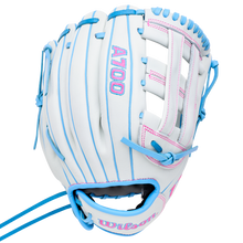 White full grain leather Wilson A700 12″ Fastpitch Glove: WBG04901RT12 featuring light blue lacing and pink detailing.