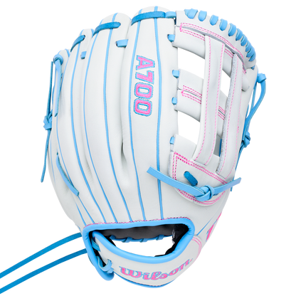 White full grain leather Wilson A700 12″ Fastpitch Glove: WBG04901RT12 featuring light blue lacing and pink detailing.