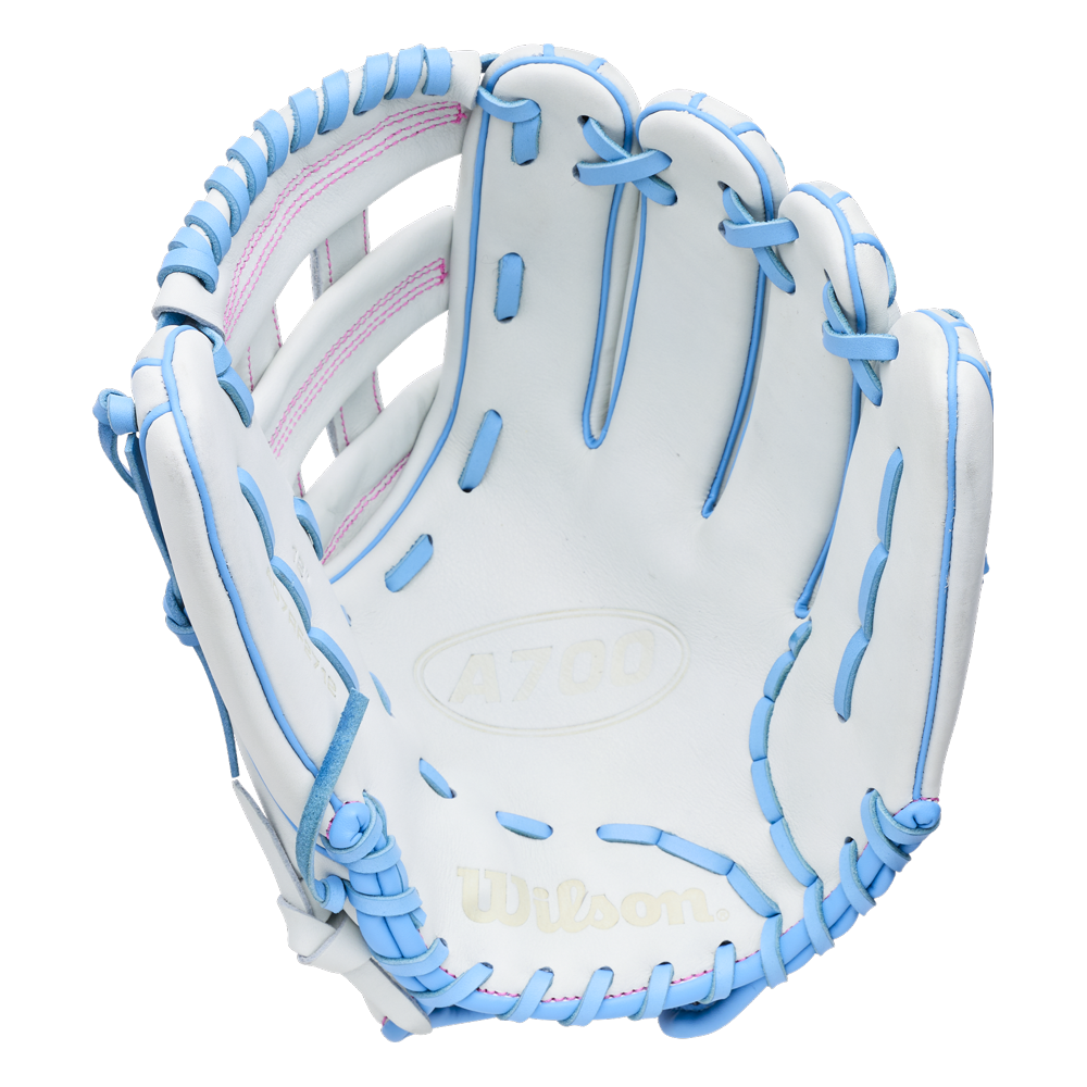 Wilson A700 12″ Fastpitch Glove in white full grain leather with light blue lacing and pink stitching accents.