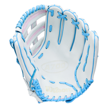 Wilson A700 12″ Fastpitch Glove in white full grain leather with light blue lacing and pink stitching accents.