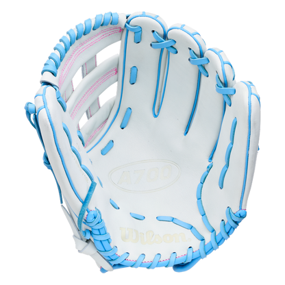Wilson A700 12″ Fastpitch Glove in white full grain leather with light blue lacing and pink stitching accents.