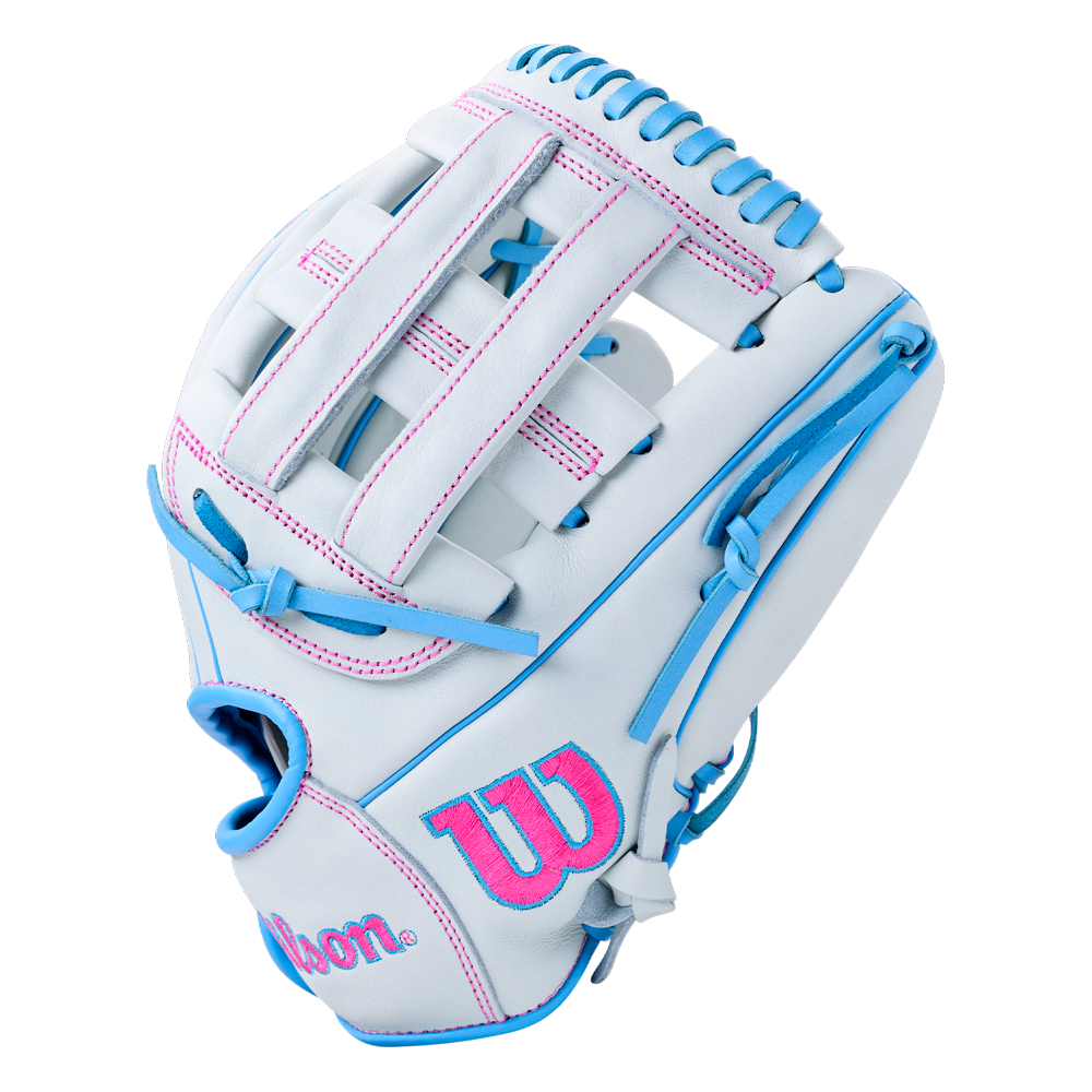 Wilson A700 12″ Fastpitch Glove: WBG04901RT12 in white full grain leather with light blue lacing and bright pink stitching.