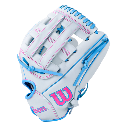 Wilson A700 12″ Fastpitch Glove: WBG04901RT12 in white full grain leather with light blue lacing and bright pink stitching.