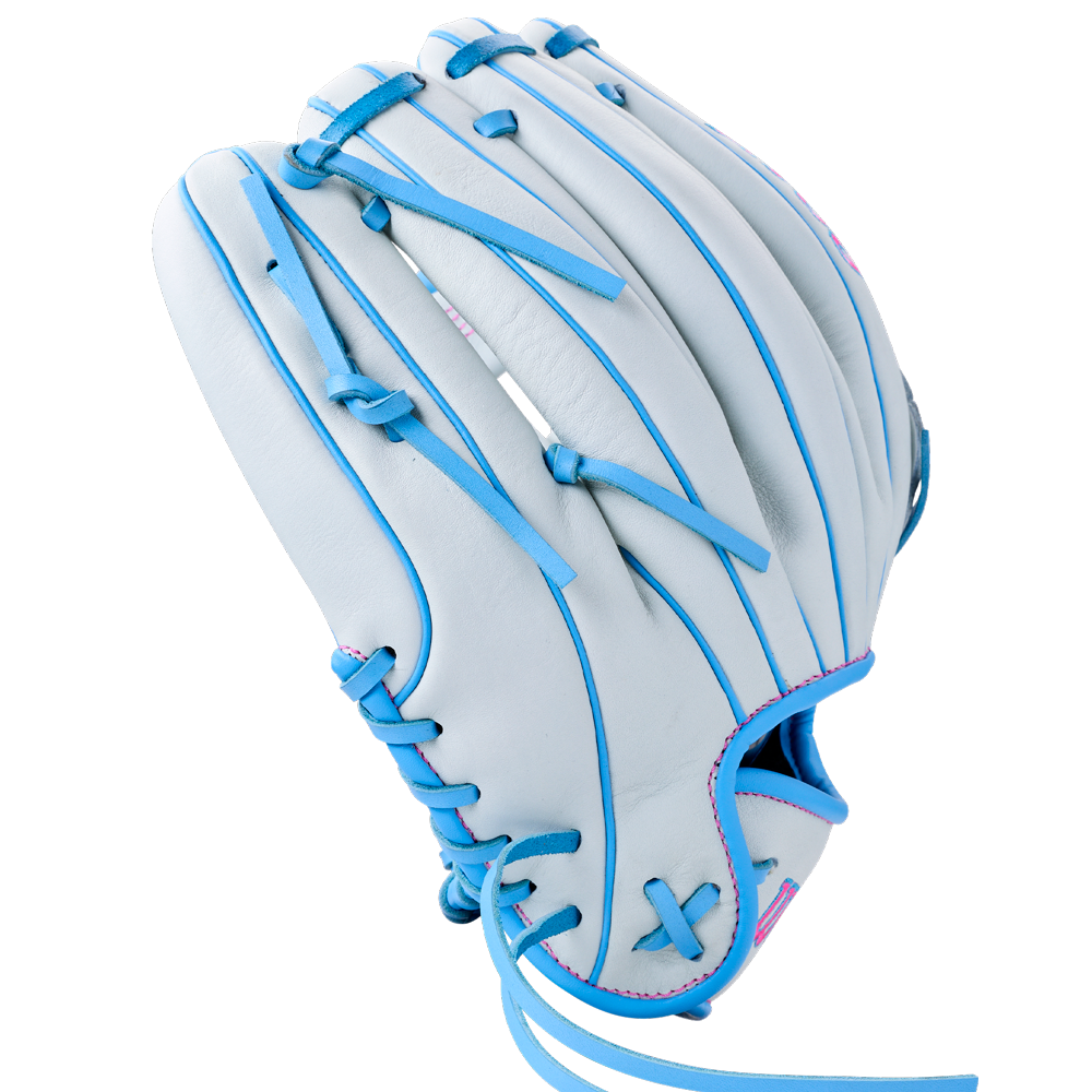 Light grey Wilson A700 12″ Fastpitch Glove: WBG04901RT12 with bright blue lacing and pink accents.