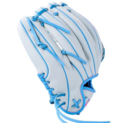 Light grey Wilson A700 12″ Fastpitch Glove: WBG04901RT12 with bright blue lacing and pink accents.