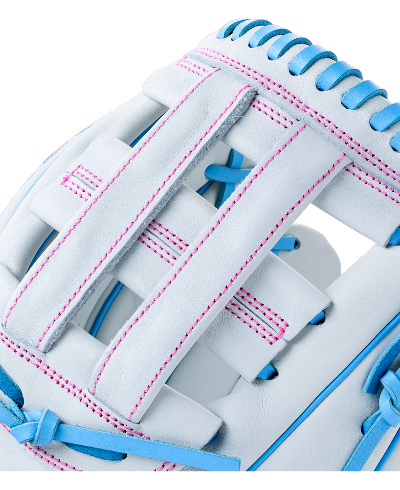 Wilson A700 12″ Fastpitch Glove: WBG04901RT12 in white featuring light blue lacing, bright pink stitching, and a youth infield design.