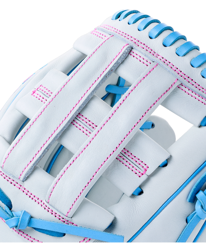Wilson A700 12″ Fastpitch Glove: WBG04901RT12 in white featuring light blue lacing, bright pink stitching, and a youth infield design.