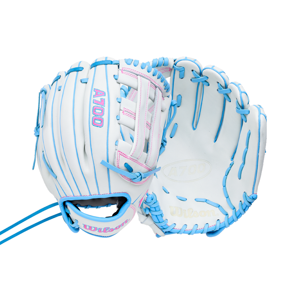 Two views of a white Wilson A700 12″ Fastpitch Glove: WBG04901RT12, featuring full grain leather with bright blue lacing and pink accents.