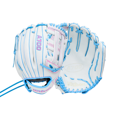 Two views of a white Wilson A700 12″ Fastpitch Glove: WBG04901RT12, featuring full grain leather with bright blue lacing and pink accents.