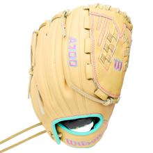 Wilson A700 12.5″ Fastpitch Glove: WBG05001RT125 with teal piping and pink embroidered branding.