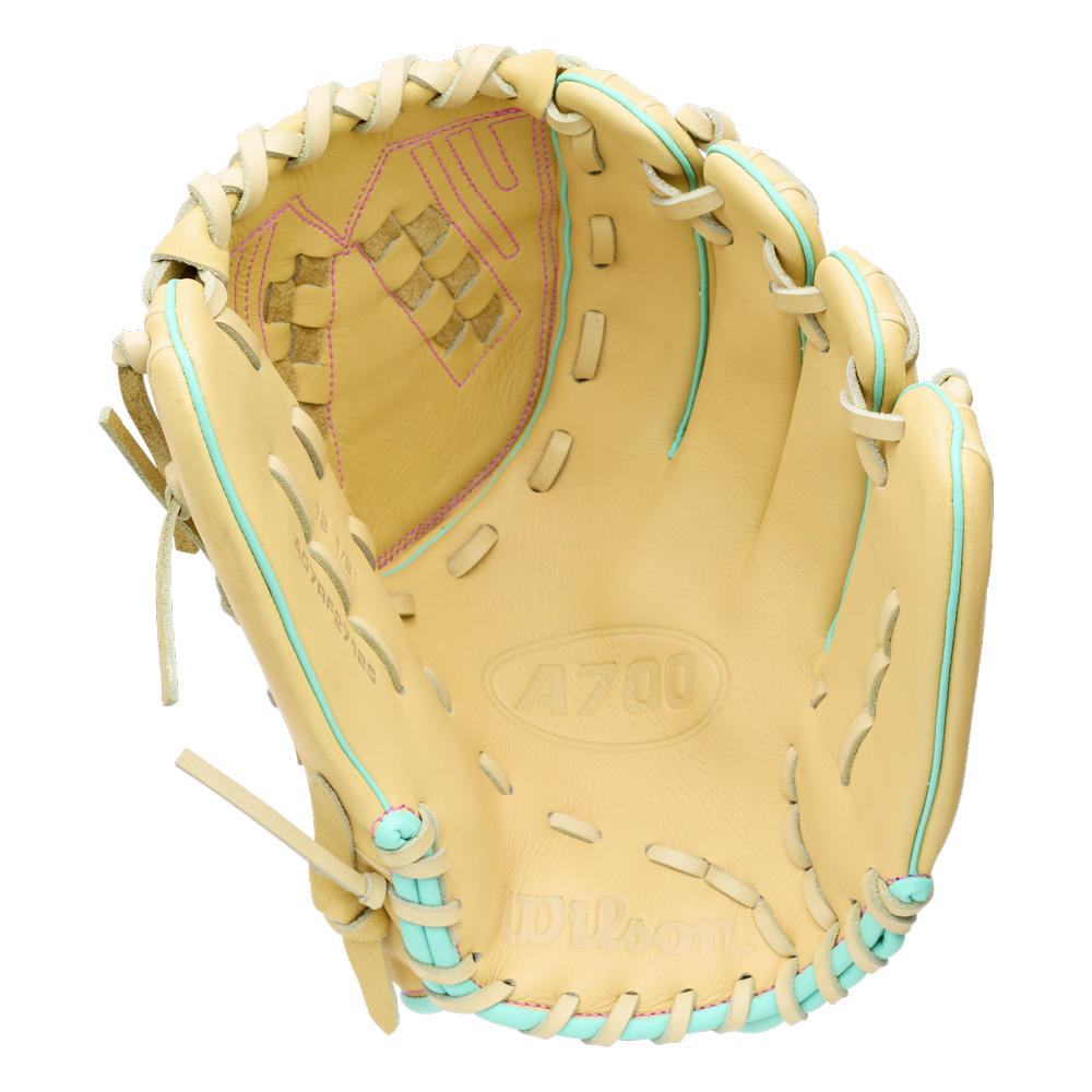 Wilson A700 12.5″ Fastpitch Glove: WBG05001RT125 crafted from tan full grain leather, featuring teal lacing and pink stitching.