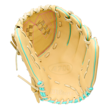 Wilson A700 12.5″ Fastpitch Glove: WBG05001RT125 crafted from tan full grain leather, featuring teal lacing and pink stitching.