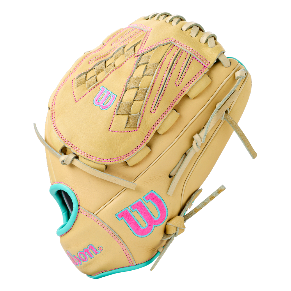 Wilson A700 12.5″ Fastpitch Glove: WBG05001RT125 in tan with bright blue and pink accents and laces.