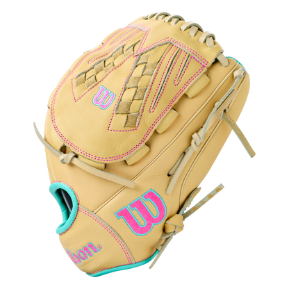 Wilson A700 12.5″ Fastpitch Glove: WBG05001RT125 in tan with bright blue and pink accents and laces.