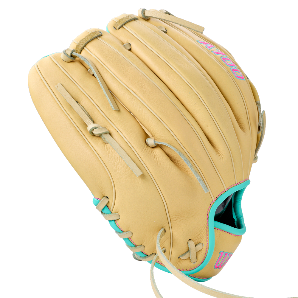 Wilson A700 12.5″ Fastpitch Glove: WBG05001RT125 in tan with bright blue trim and pink accents.