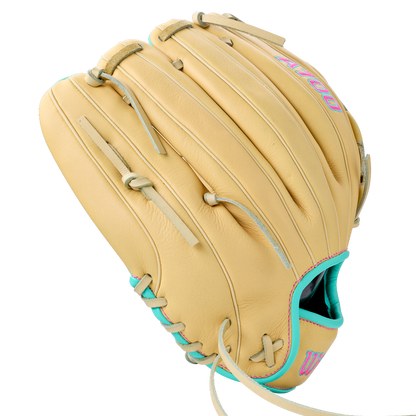 Wilson A700 12.5″ Fastpitch Glove: WBG05001RT125 in tan with bright blue trim and pink accents.