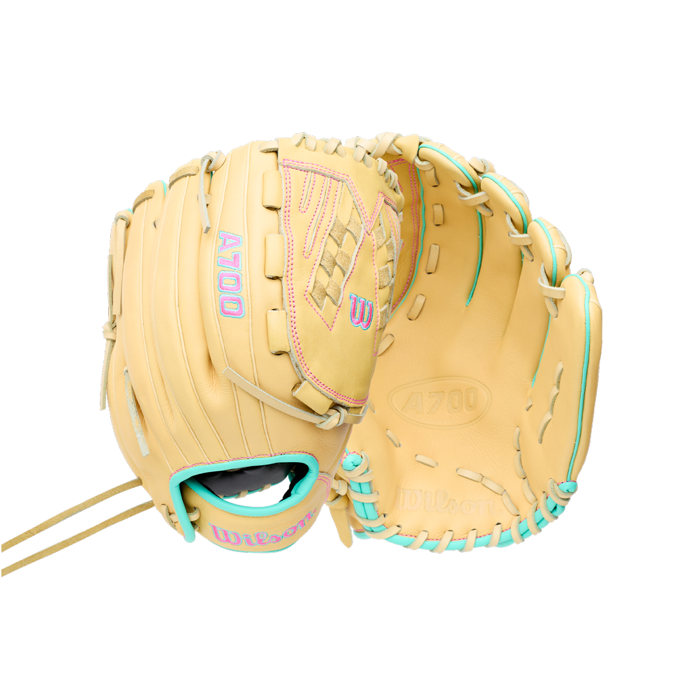 Wilson A700 12.5″ Fastpitch Glove: WBG05001RT125 youth outfield glove in tan with teal piping and pink stitching.