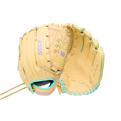 Wilson A700 12.5″ Fastpitch Glove: WBG05001RT125 youth outfield glove in tan with teal piping and pink stitching.