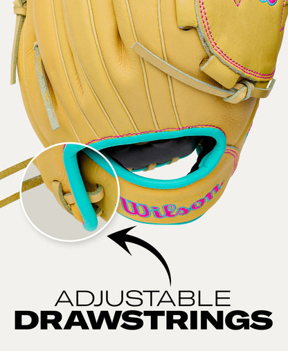 Wilson A700 12.5″ Fastpitch Glove: WBG05001RT125 in tan with teal trim and pink stitching, featuring a circular inset that highlights the adjustable drawstring closure.