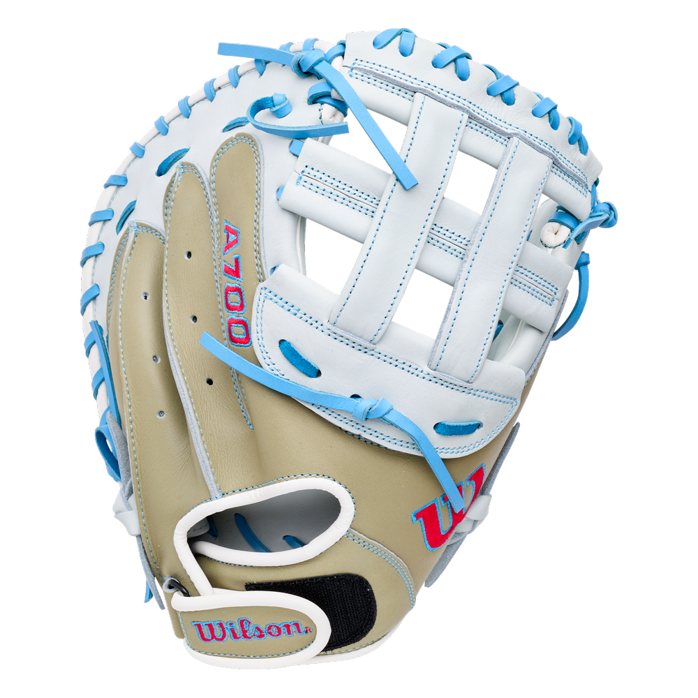 Wilson A700 33″ Fastptich Catcher’s Mitt: WBG05101RT33 in white and tan full grain leather with light blue lacing.
