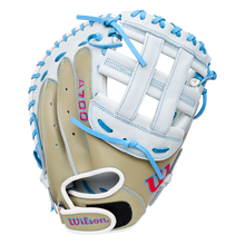 Wilson A700 33″ Fastptich Catcher’s Mitt: WBG05101RT33 in white and tan full grain leather with light blue lacing.