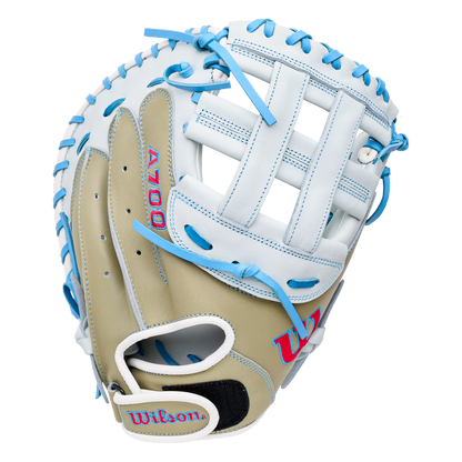 Wilson A700 33″ Fastptich Catcher’s Mitt: WBG05101RT33 in white and tan full grain leather with light blue lacing.