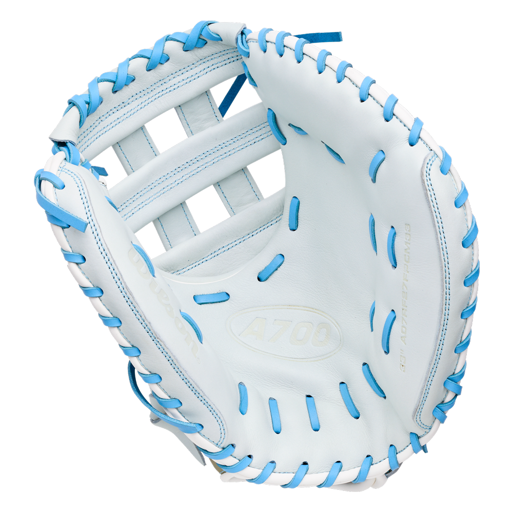 Wilson A700 33″ Fastptich Catcher’s Mitt in white with light blue lacing.
