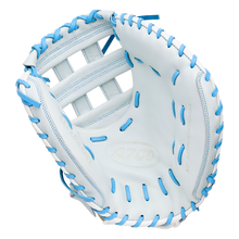 Wilson A700 33″ Fastptich Catcher’s Mitt in white with light blue lacing.