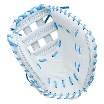 Wilson A700 33″ Fastptich Catcher’s Mitt in white with light blue lacing.